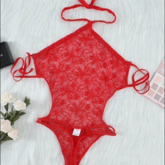Red Halter Neck Lace Sexy Teddy - Picture 9 of 13
